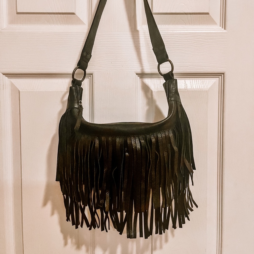 Cut N Paste Black Fringed Hobo w/Shoulder Strap